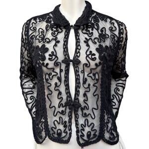 Vintage Soutache Mesh Jacket Sheer Frog Button Black Whimsigoth Coquette Goth S